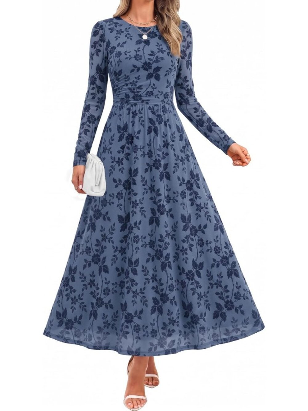 Women's Dusty blue Crewneck Maxi Long Sleeve Elegant Slimming Cocktail Dresses